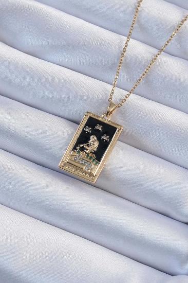 316L Çelik Zincir Gold Renk Zirkon Taşlı Siyah Mineli Kız Figürlü Tarot Kolye