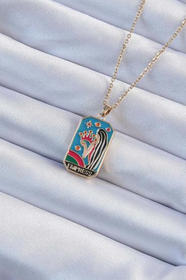 316L Çelik Zincir Gold Renk Taç ve Kız Figürlü Renkli Mineli Tarot Kolye