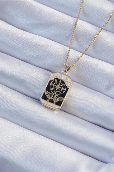 316L Çelik Zincir Gold Renk İşlemeli Siyah Mineli Tarot Kolye