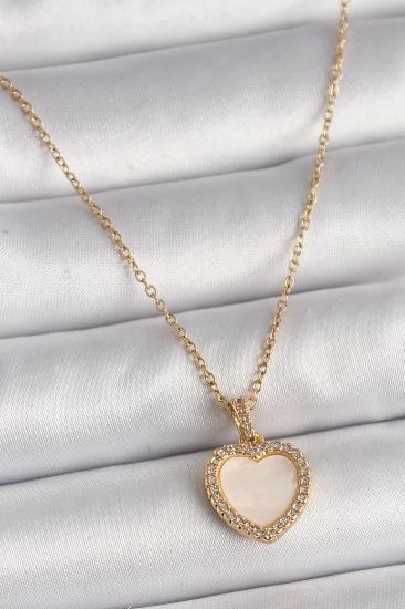 316L Çelik Gold Renk Zincir Zirkon Taşlı Beyaz Mineli Kalp Model Kadın Kolye