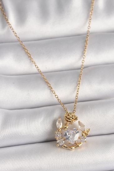 316L Çelik Gold Renk Zincir Zirkon Taşlı Kalp Model Gül Detay Kadın Kolye