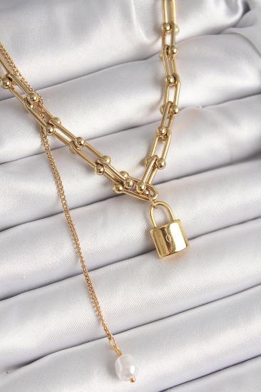 316L Çelik Gold Renk Tifany Zincir Model Kilit Figür Sallantı İnci Detay Kadın Kolye