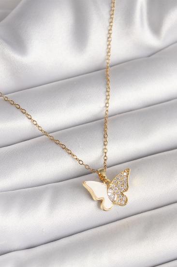 316L Çelik Gold Renk Zincir Zirkon Taşlı Beyaz Mineli Kelebek Model Kadın Kolye