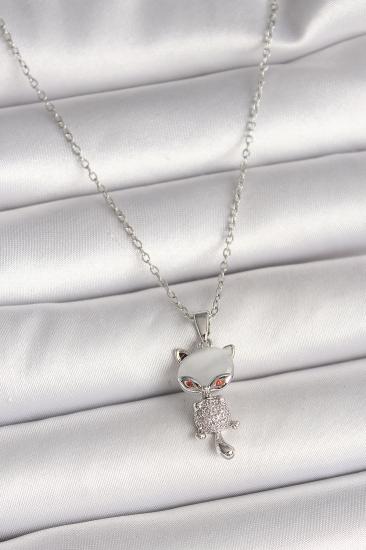 316L Çelik Gümüş Renk Zincir Zirkon Taşlı Kedi Model Kadın Kolye