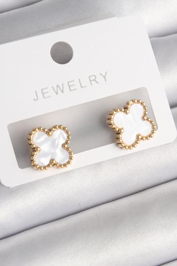 316L Çelik Gold Renk Beyaz Minelik Yonca Model Kadın Küpe