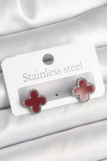 Pirinç Gümüş Renk Bordo Yonca Model Kadın Küpe