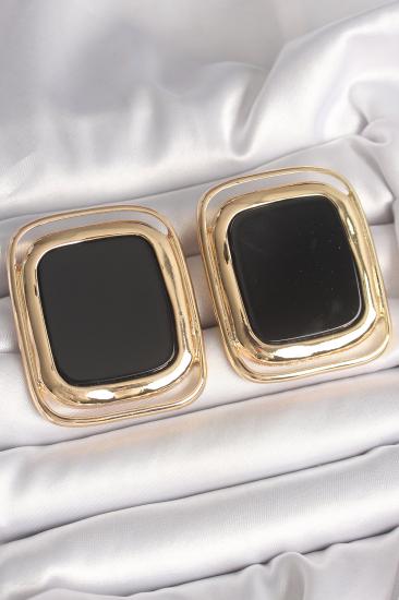 Pirinç Gold Renk Siyah Mineli Kare Model Kadın Küpe