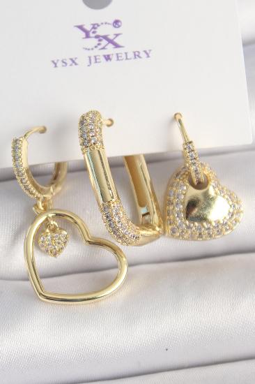 Pirinç Gold Renk Zirkon Taşlı Sallantı Kalp Model 3’Lü Kadın Kombin Küpe