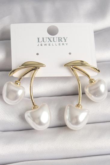 Pirinç Gold Renk Beyaz İnci Kiraz Model Kadın Küpe