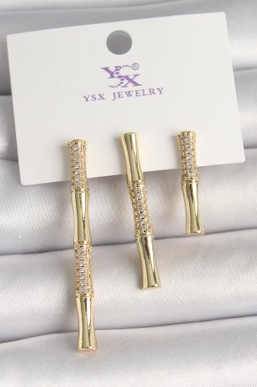 Pirinç Gold Renk Zirkon Taşlı Bambu Model 3’Lü Kadın Kombin Küpe
