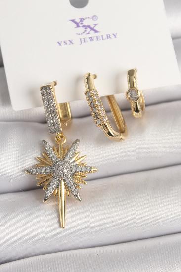 Pirinç Gold Renk Sallantı Zirkon Taşlı Kutup Yıldız Model 3’Lü Kadın Kombin Küpe