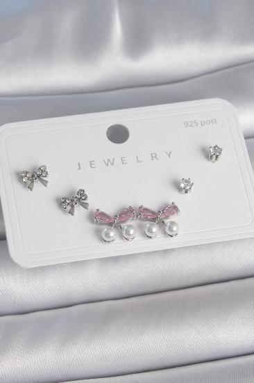 Pirinç Gümüş Renk Pembe Zirkon Taşlı Kurdele Model İnci Detay 925 Ayar Gümüş Çivi Kadın Küpe Seti
