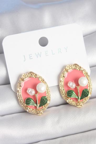 Pirinç Gold Renk Pembe Mineli İncili Çiçek İşlemli Portre Model Kadın Küpe