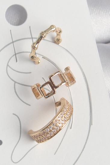 Pirinç Gold Renk Kare Model Zirkon Taşlı 3’Lü Model Kadın Kıkırdak Küpe