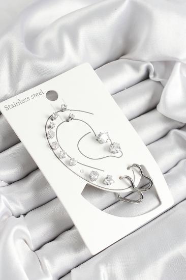 316L Çelik Kalp Figürlü Ve Zirkon Taşlı Gümüş Renk 7’li Çift Kadın Küpe Set