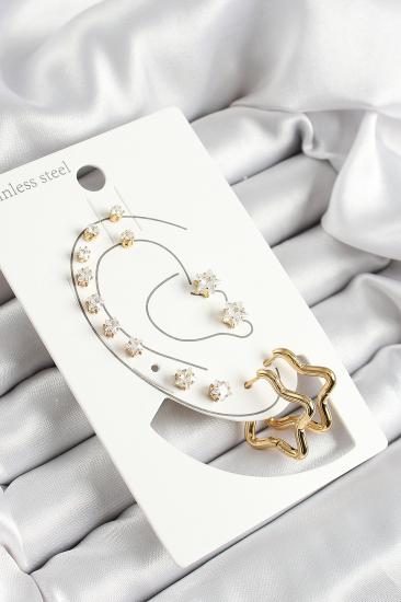 316L Çelik Yıldız Figürlü Ve Zirkon Taşlı Gold Renk 7’li Çift Kadın Küpe Set