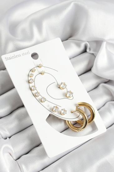 316L Çelik Halka Figürlü Ve Zirkon Taşlı Gold Renk 7’li Çift Kadın Küpe Set