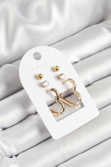 Pirinç Zirkon Taş Ve Kalp Figürlü Gold Renk 3’lü Çift Kadın Küpe Set