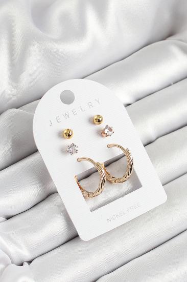 Pirinç Zirkon Taş Ve Halka Figürlü Gold Renk 3’lü Çift Kadın Küpe Set