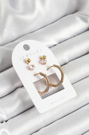 Pirinç Zirkon Taş Ve Kemik Halka Figürlü Gold Renk 3’lü Çift Kadın Küpe Set