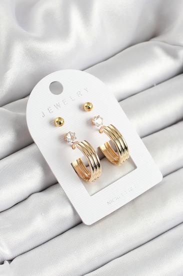 Pirinç Zirkon Taş Ve Halka Figürlü Gold Renk 3’lü Çift Kadın Küpe Set