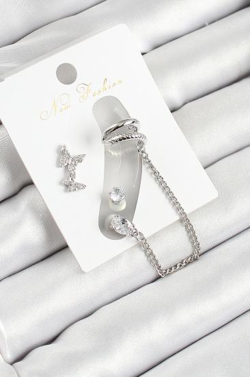 Pirinç Kelebek Figürlü Zirkon Taşlı Gümüş Renk 3’lü Kıkırdak Kadın Küpe Set