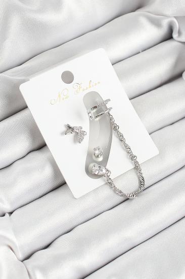 Pirinç Kelebek Figürlü Zirkon Taşlı Gümüş Renk 3’lü Kıkırdak Kadın Küpe Set