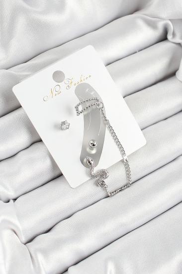 Pirinç Yılan Figürlü Zirkon Taşlı Gümüş Renk 3’lü Kıkırdak Kadın Küpe Set