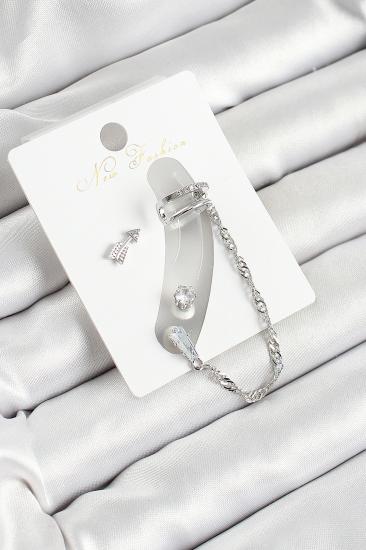 Pirinç Ok Figürlü Zirkon Taşlı Gümüş Renk 3’lü Kıkırdak Kadın Küpe Set