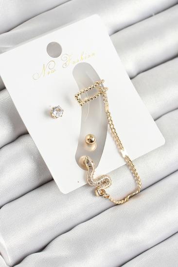Pirinç Yılan Figürlü Zirkon Taşlı Gold Renk 3’lü Kıkırdak Kadın Küpe Set