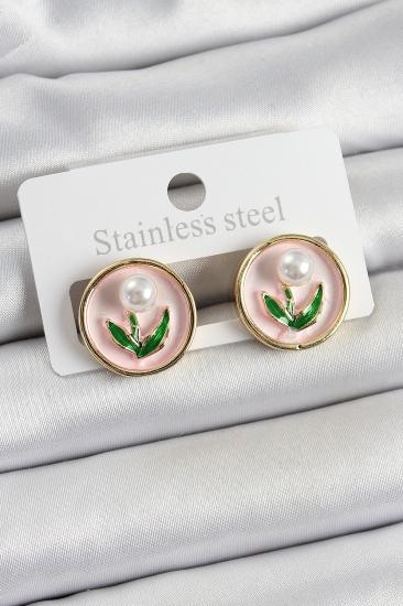 Pirinç Pembe Mineli Lale Figürlü Sanatsal Portre Model Gold Renk Kadın Küpe