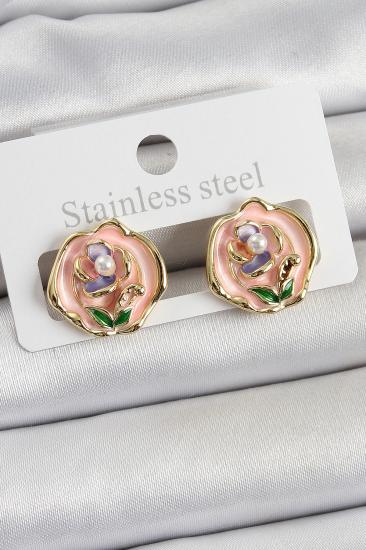 Pirinç Pembe Mineli Çiçek Figürlü Sanatsal Portre Model Gold Renk Kadın Küpe