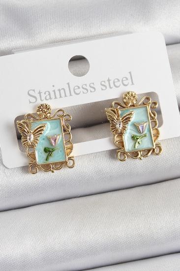 Pirinç Yeşil Mineli Sanatsal Portre Model Gold Renk Kadın Küpe