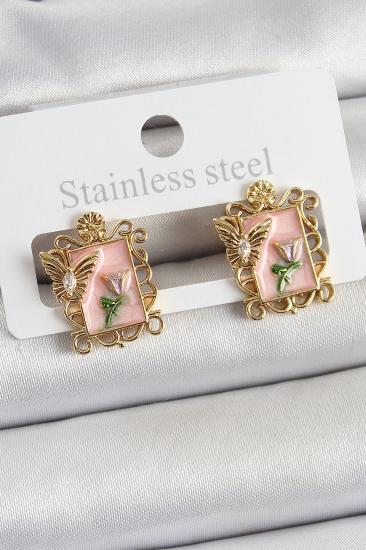Pirinç Pembe Mineli Sanatsal Portre Model Gold Renk Kadın Küpe