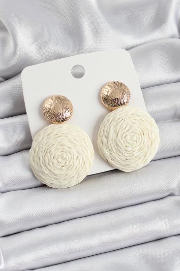 Krem Daire Figürlü Hasır Örgü Model Gold Renk Kadın Küpe