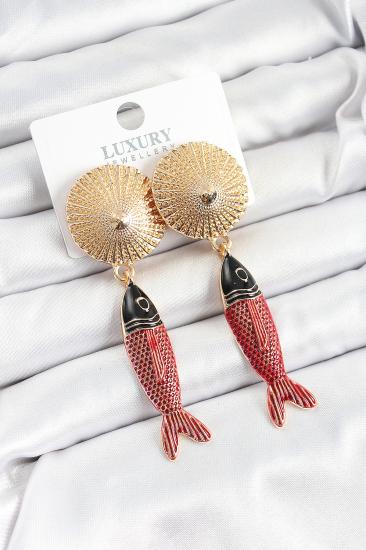 Pirinç Sallantılı Zirkon Taşlı Kırmızı Siyah Balık Model Gold Renk Kadın Küpe