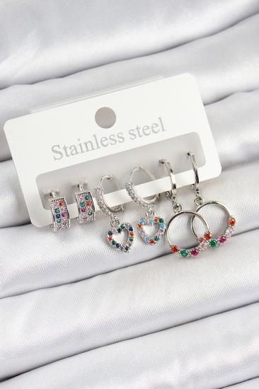Pirinç Zirkon Taşlı Kalp Ve Halka Model Gold Renk 6’lı Set Kadın Küpe