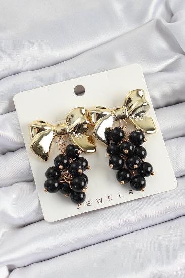 Pirinç Sallantılı Siyah Boncuklu Fiyonk Vintage Model Gold Renk Kadın Küpe
