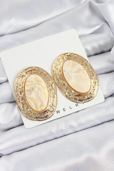 Pirinç Mermer Desenlli Bej Sedef Oval Vintage Model Gold Renk Kadın Küpe