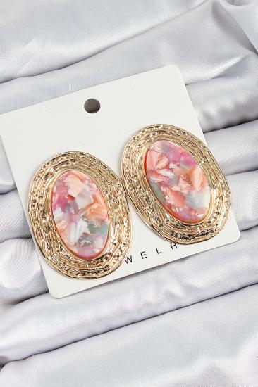Pirinç Mermer Desenlli Pembe Sedef Oval Vintage Model Gold Renk Kadın Küpe
