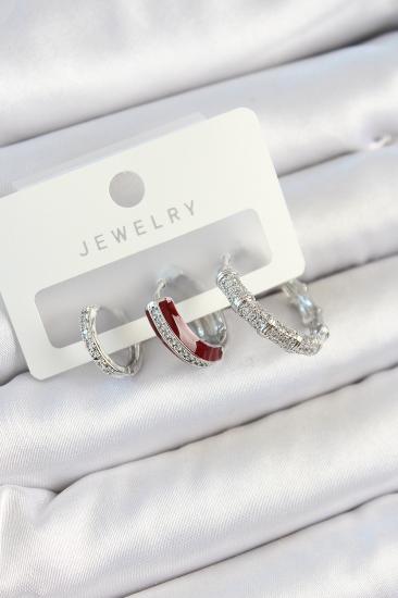 Pirinç Zirkon Taşlı Bordo Pembe Halka Model Gümüş Renk 3’lü Çift Kadın Küpe Set