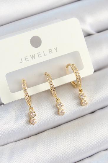 Pirinç Zirkon Taşlı Sallantılı Yıldız Model Gold Renk 3’lü Çift Kadın Küpe Set