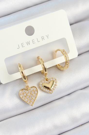 Pirinç Zirkon Taşlı Sallantılı Kalp Model Gold Renk 3’lü Çift Kadın Küpe Set