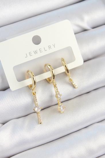 Pirinç Zirkon Taşlı Sallantılı Model Gold Renk 3’lü Çift Kadın Küpe Set