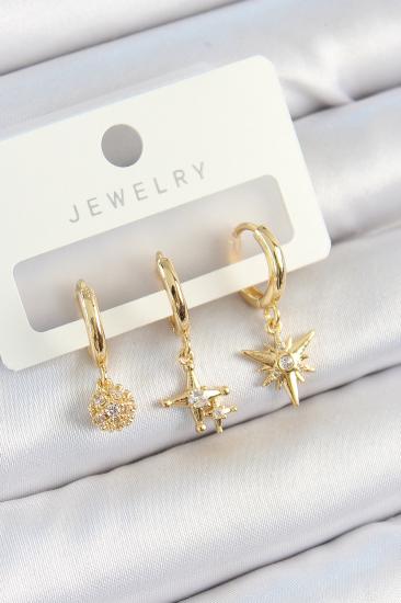 Pirinç Zirkon Taşlı Yıldız Model Gold Renk 3’lü Çift Kadın Küpe Set