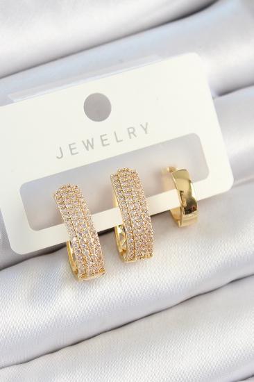 Pirinç Zirkon Taşlı Damla Model Gold Renk 3’lü Çift Kadın Küpe Set