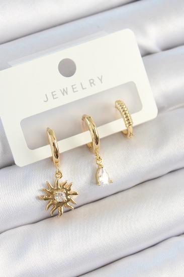Pirinç Zirkon Taşlı Güneş Model Gold Renk 3’lü Çift Kadın Küpe Set