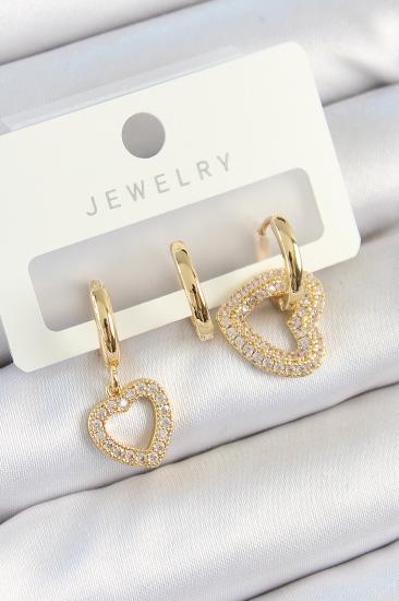 Pirinç Zirkon Taşlı Kalp Model Gold Renk 3’lü Çift Kadın Küpe Set