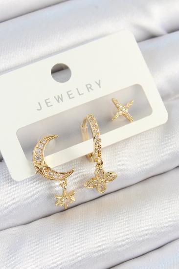 Pirinç Zirkon Taşlı Çiçek Ve Ay Model Gold Renk 3’lü Çift Kadın Küpe Set