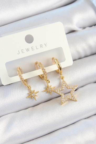 Pirinç Zirkon Taşlı Yıldız Model Gold Renk 3’lü Çift Kadın Küpe Set